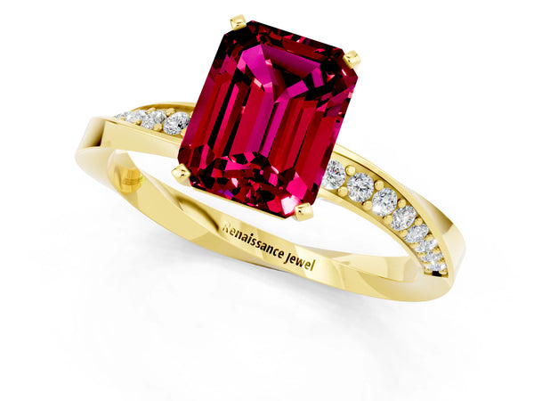 Yellow gold Emerald Cut Garnet Engagement Ring with Side Stone Accents and Four-Prong Setting