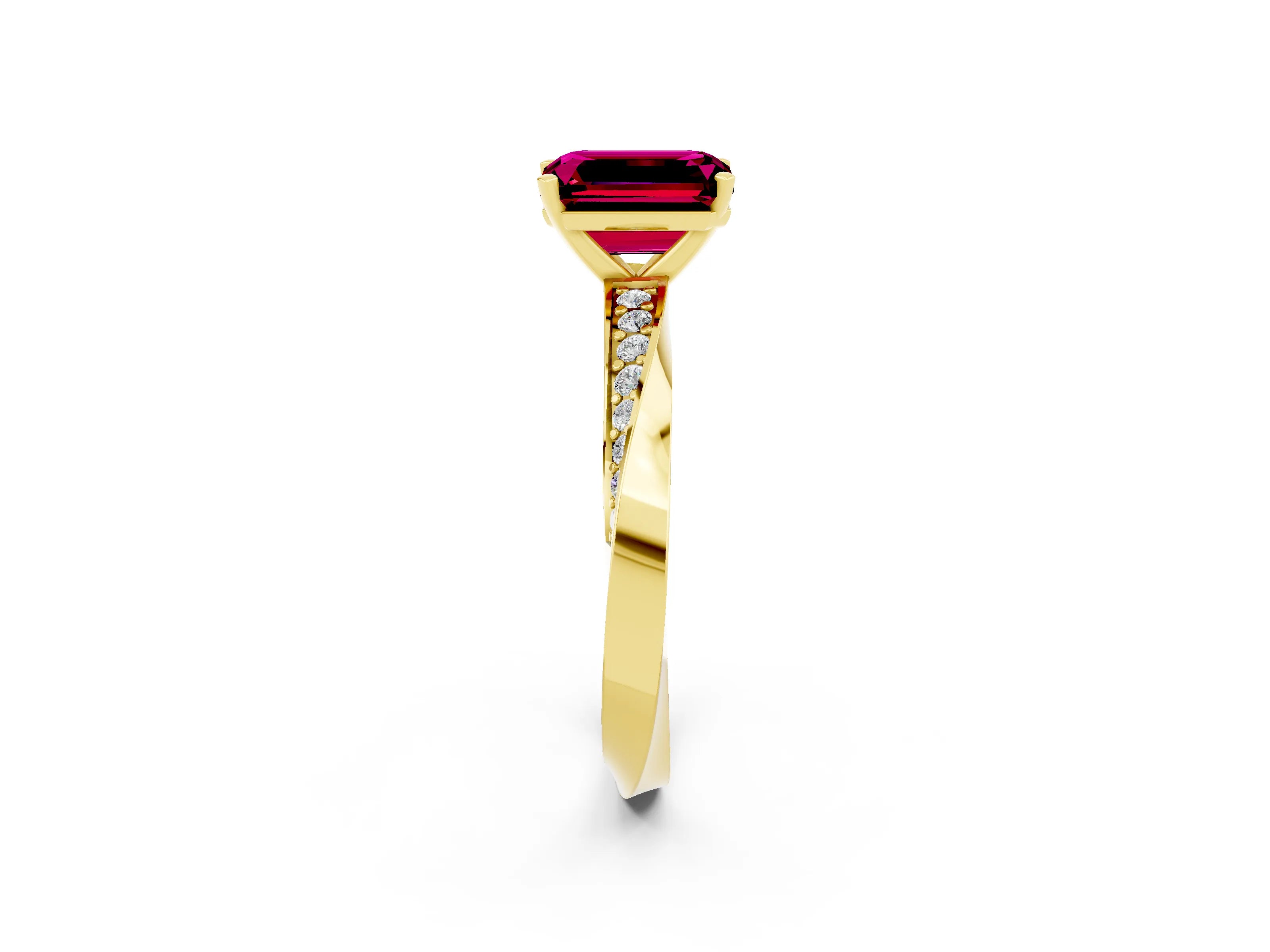 Yellow gold Emerald Cut Garnet Engagement Ring with Side Stone Accents and Four-Prong Setting_29