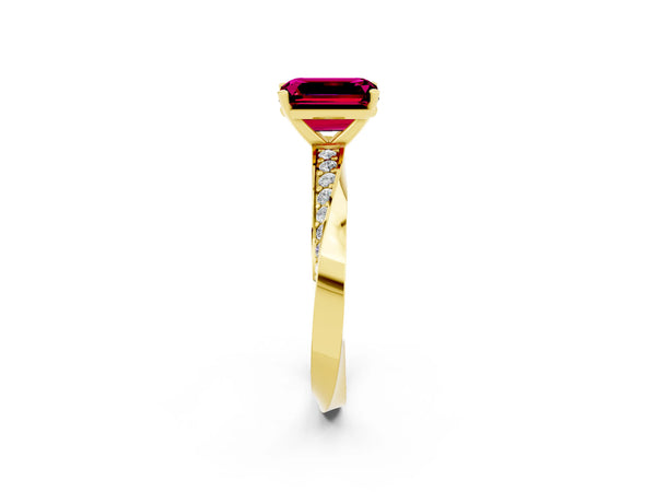 Yellow gold Emerald Cut Garnet Engagement Ring with Side Stone Accents and Four-Prong Setting