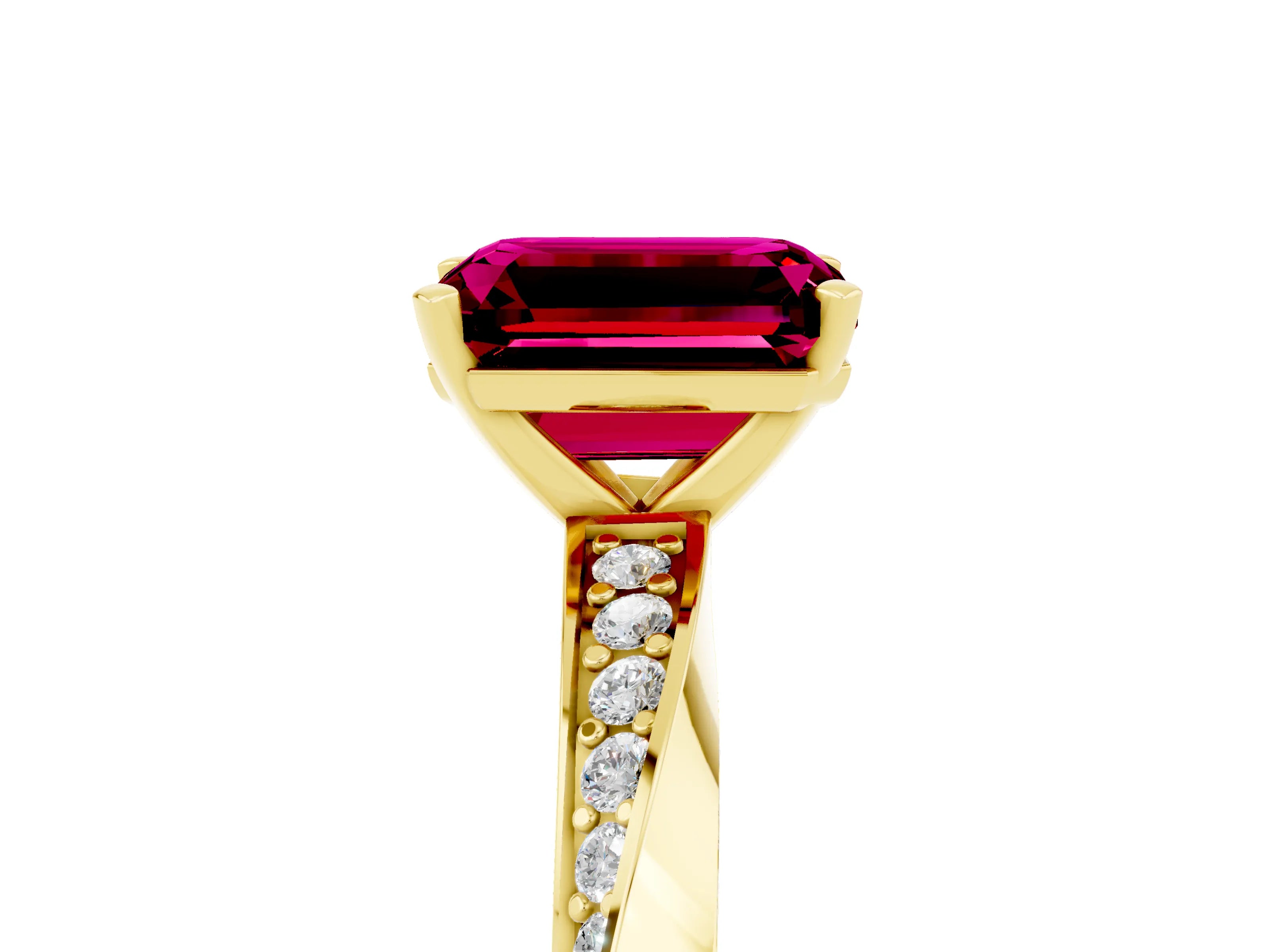 Yellow gold Emerald Cut Garnet Engagement Ring with Side Stone Accents and Four-Prong Setting_32