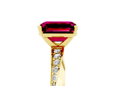Yellow gold Emerald Cut Garnet Engagement Ring with Side Stone Accents and Four-Prong Setting_32