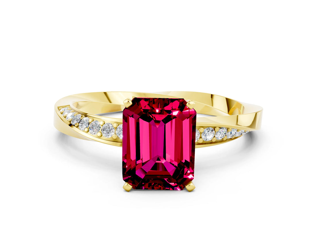 Yellow gold Emerald Cut Garnet Engagement Ring with Side Stone Accents and Four-Prong Setting_72