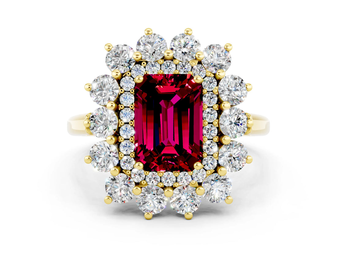 Yellow gold Emerald Cut Garnet Floral Double Halo Engagement Ring with Prong Setting_60