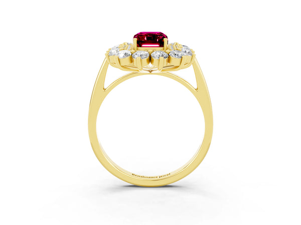 Yellow gold Emerald Cut Garnet Floral Double Halo Engagement Ring with Prong Setting