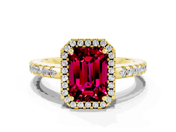 Yellow gold Emerald Cut Garnet Halo Engagement Ring with Pavé Band and Prong Setting