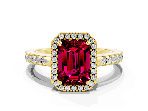 Yellow gold Emerald Cut Garnet Halo Engagement Ring with Pavé Band and Prong Setting_12