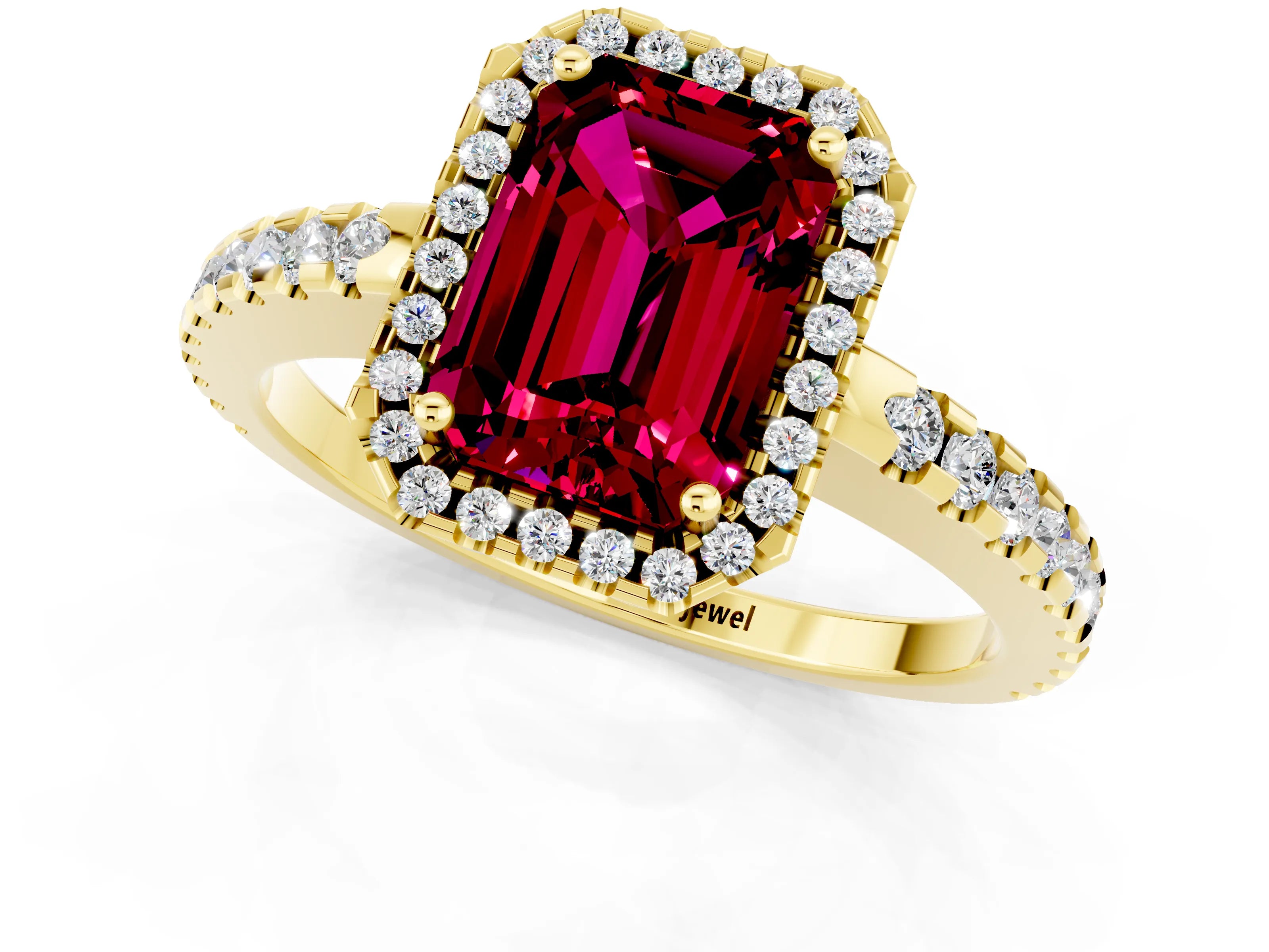 Yellow gold Emerald Cut Garnet Halo Engagement Ring with Pavé Band and Prong Setting_13