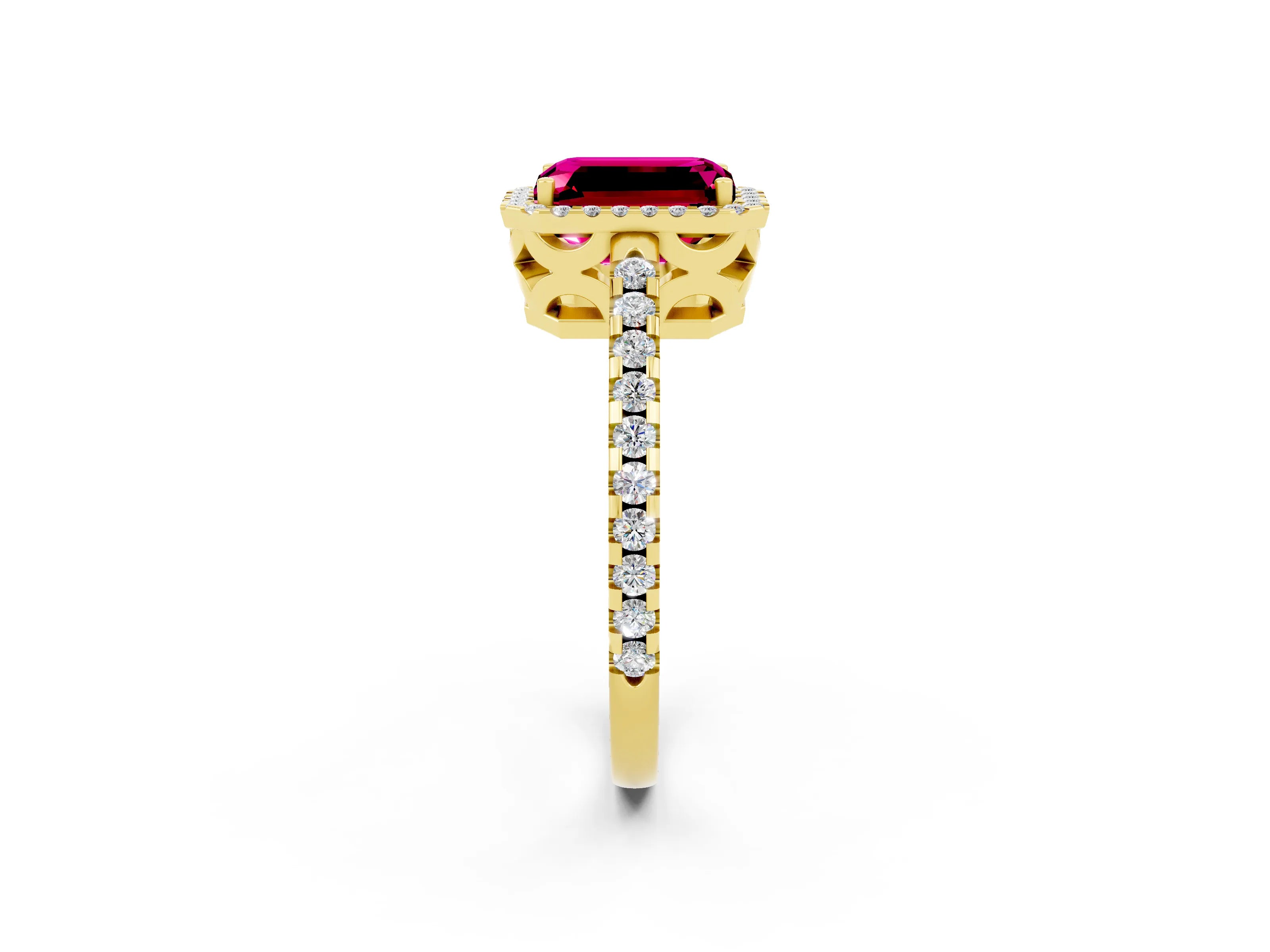 Yellow gold Emerald Cut Garnet Halo Engagement Ring with Pavé Band and Prong Setting_14