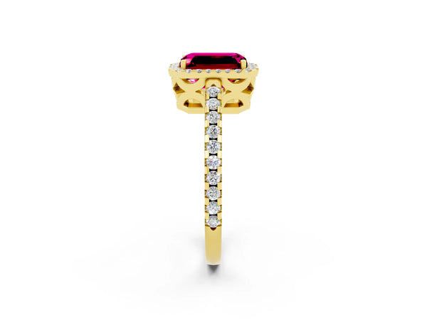 Yellow gold Emerald Cut Garnet Halo Engagement Ring with Pavé Band and Prong Setting
