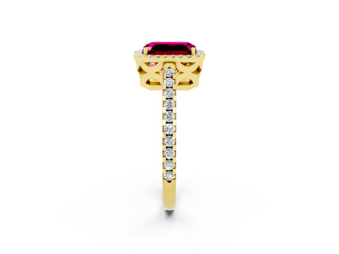 Yellow gold Emerald Cut Garnet Halo Engagement Ring with Pavé Band and Prong Setting_14