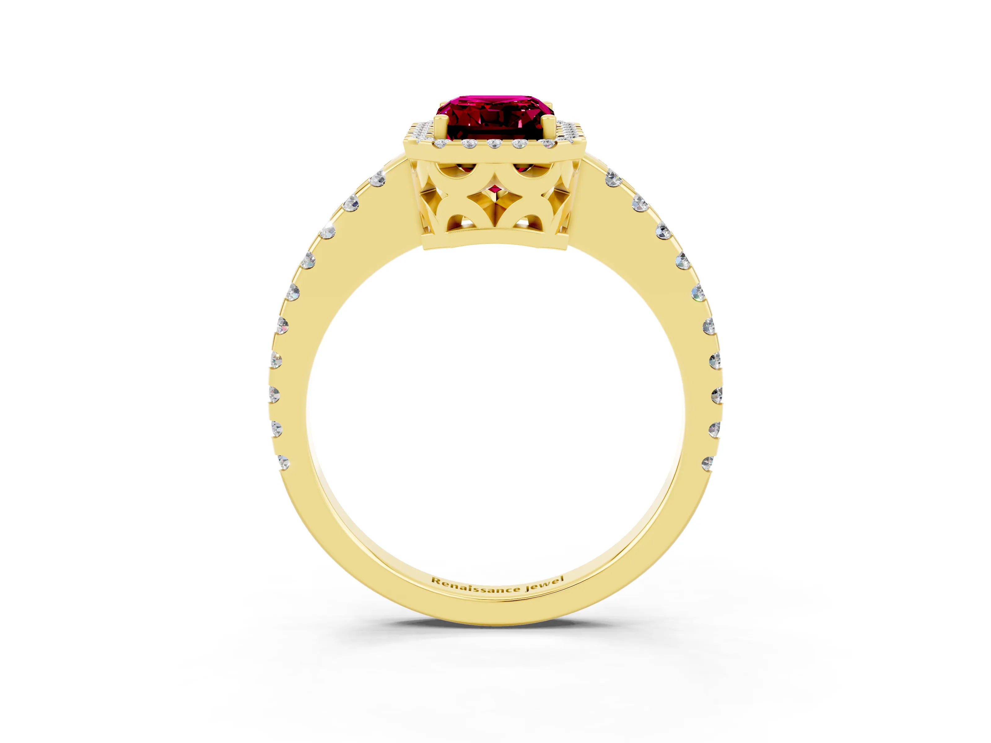 Yellow gold Emerald Cut Garnet Halo Engagement Ring with Pavé Band and Prong Setting_15