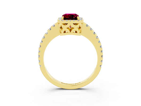Yellow gold Emerald Cut Garnet Halo Engagement Ring with Pavé Band and Prong Setting