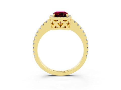 Yellow gold Emerald Cut Garnet Halo Engagement Ring with Pavé Band and Prong Setting_15