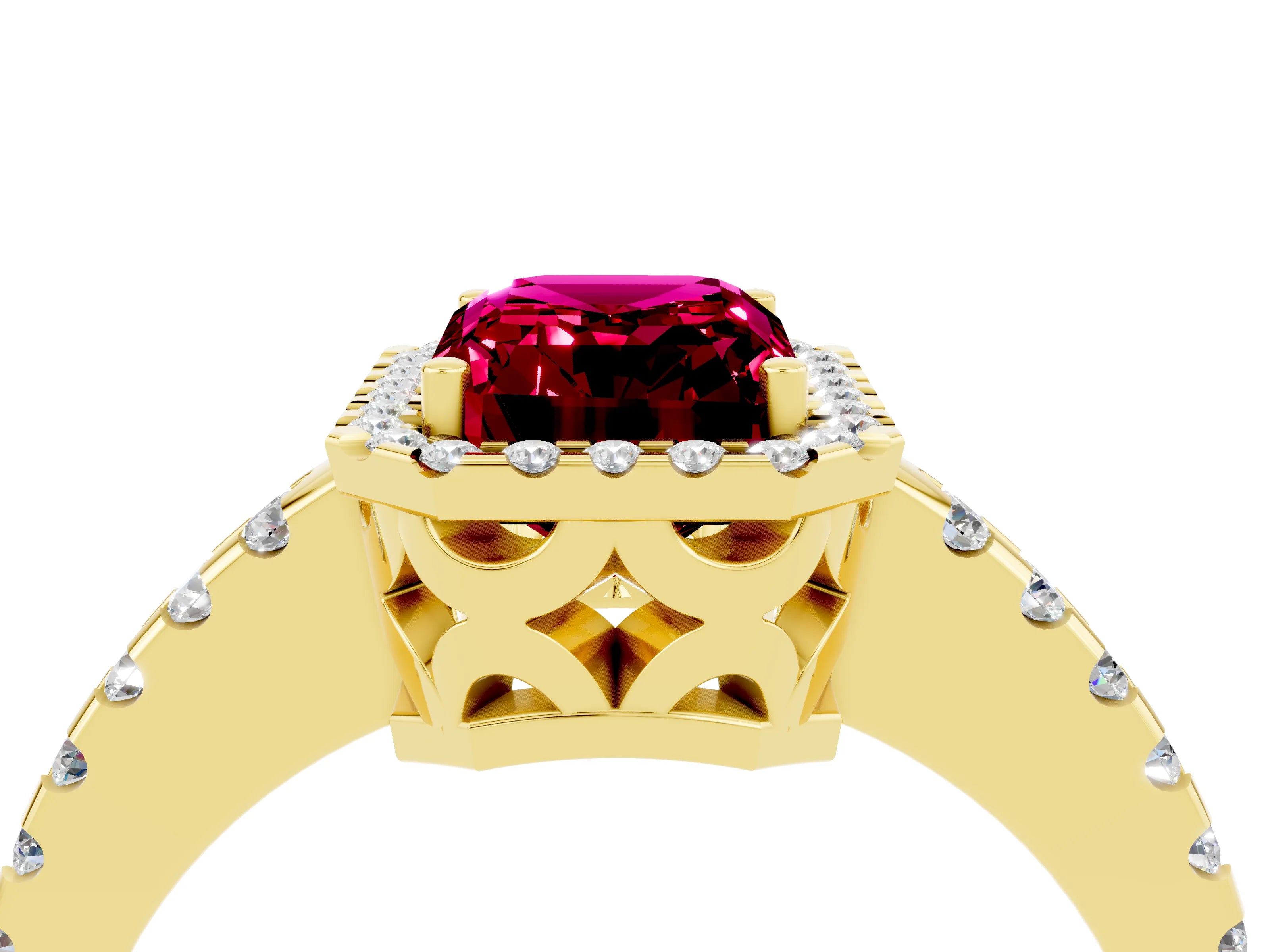 Yellow gold Emerald Cut Garnet Halo Engagement Ring with Pavé Band and Prong Setting_16