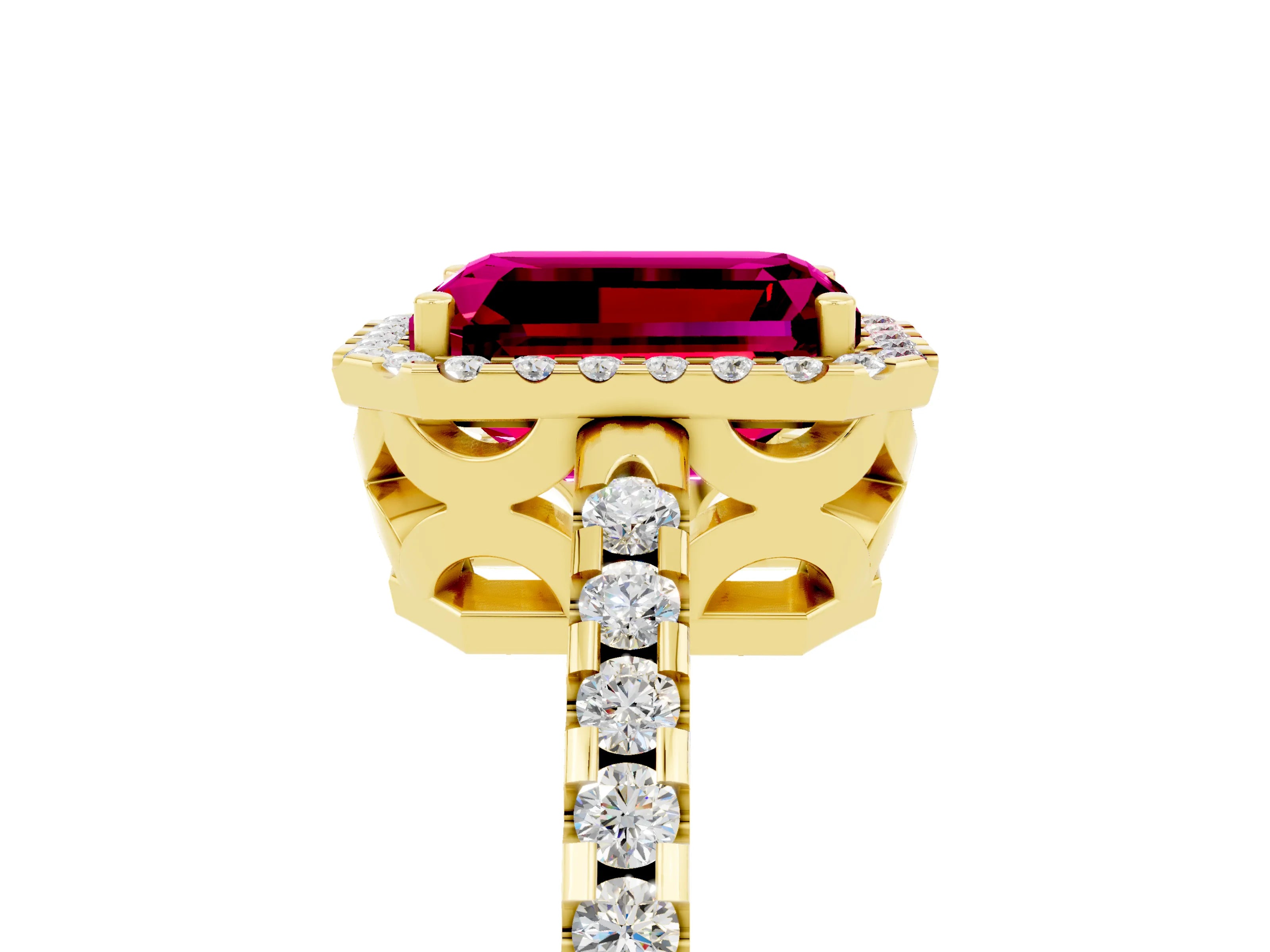 Yellow gold Emerald Cut Garnet Halo Engagement Ring with Pavé Band and Prong Setting_17