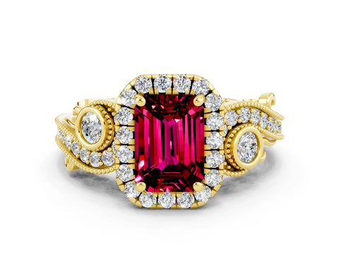 Yellow gold Emerald Cut Garnet Halo Ring with Milgrain Pavé Band and Four-Prong Setting_12