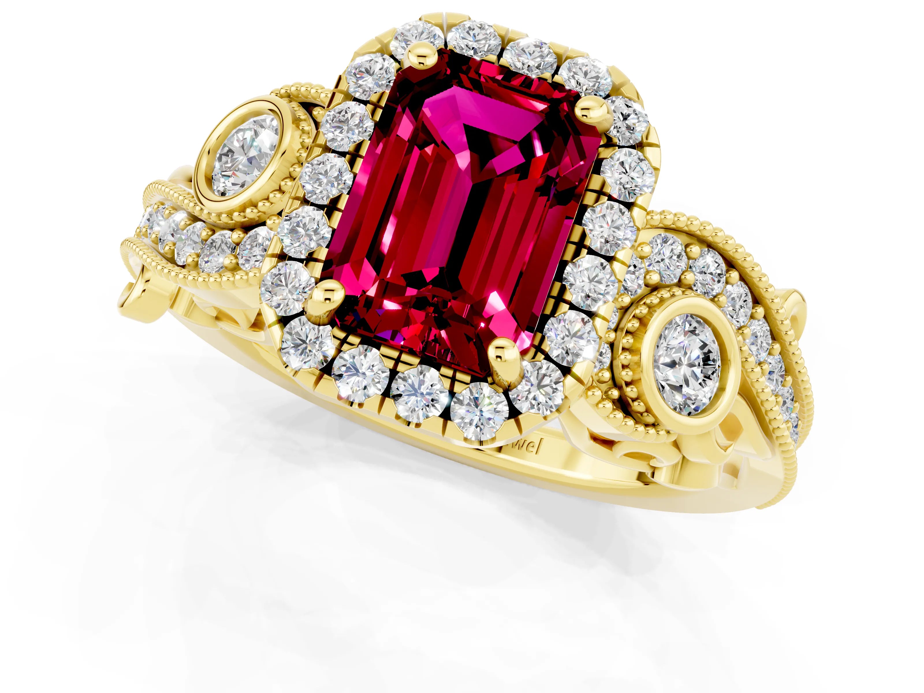 Yellow gold Emerald Cut Garnet Halo Ring with Milgrain Pavé Band and Four-Prong Setting_13