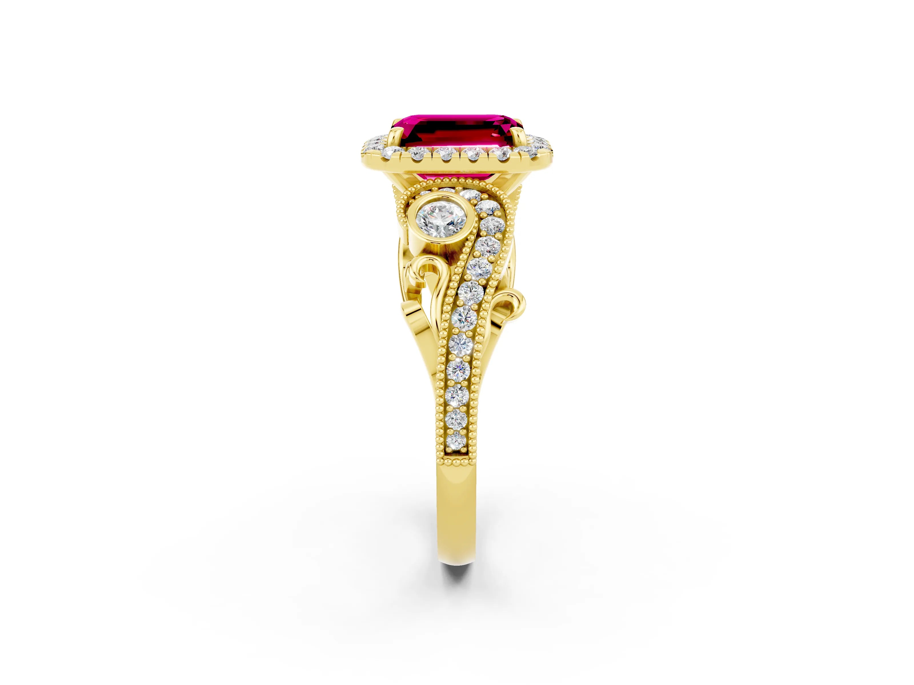 Yellow gold Emerald Cut Garnet Halo Ring with Milgrain Pavé Band and Four-Prong Setting_14
