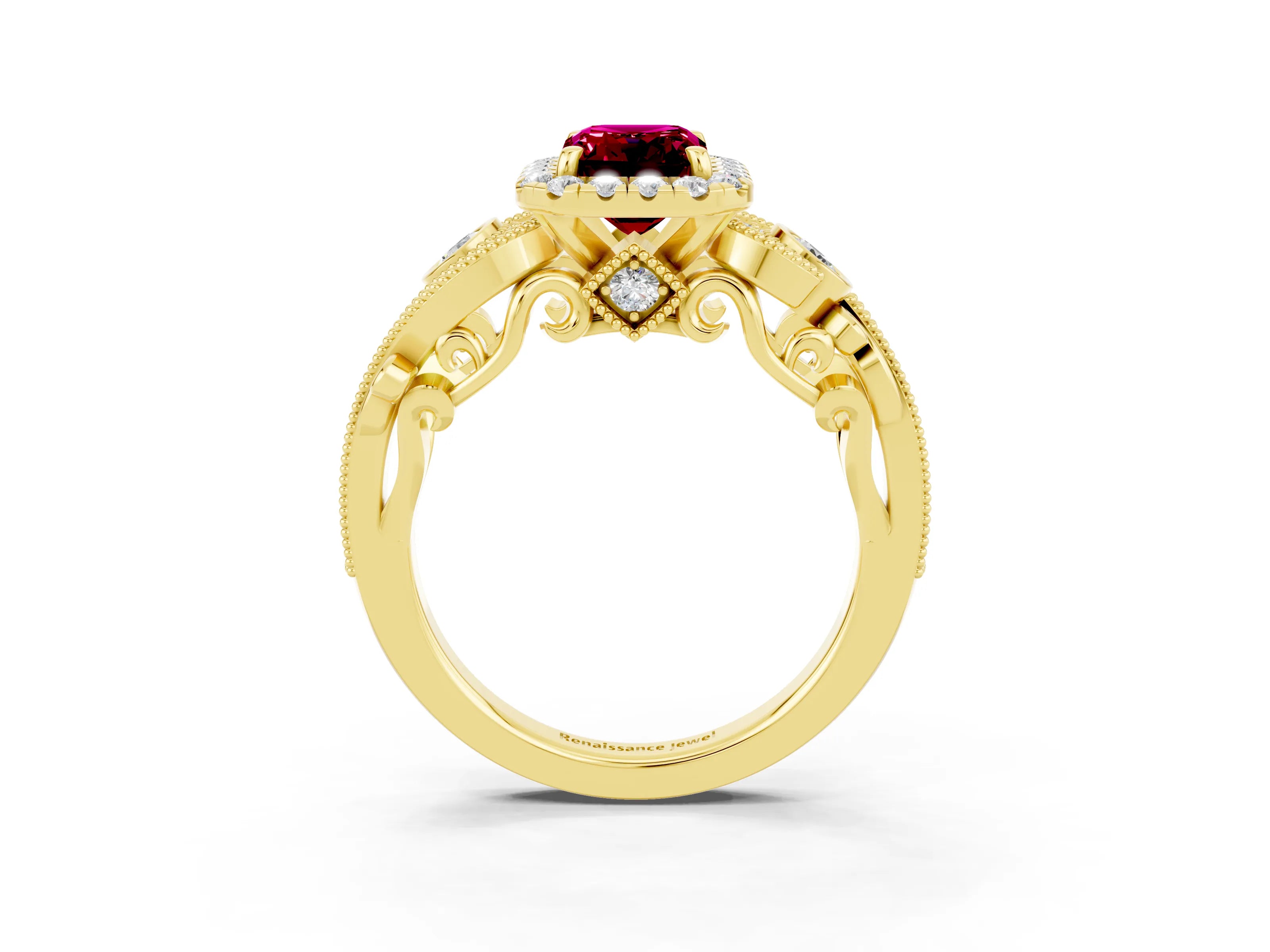 Yellow gold Emerald Cut Garnet Halo Ring with Milgrain Pavé Band and Four-Prong Setting_15