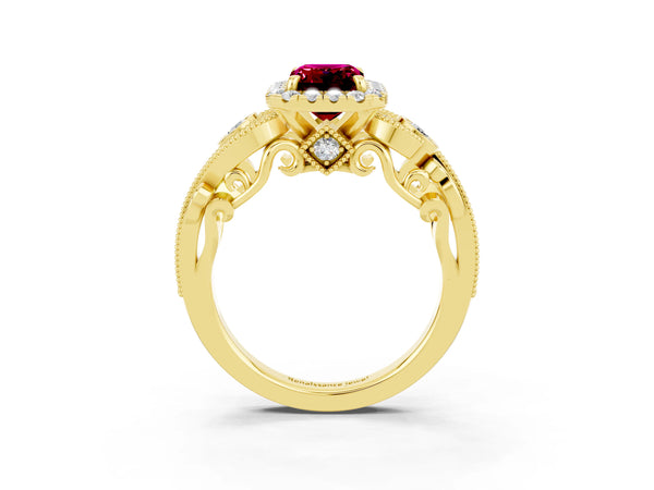 Yellow gold Emerald Cut Garnet Halo Ring with Milgrain Pavé Band and Four-Prong Setting