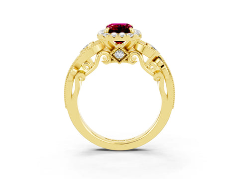 Yellow gold Emerald Cut Garnet Halo Ring with Milgrain Pavé Band and Four-Prong Setting_15