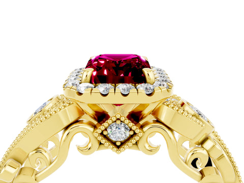 Yellow gold Emerald Cut Garnet Halo Ring with Milgrain Pavé Band and Four-Prong Setting_16