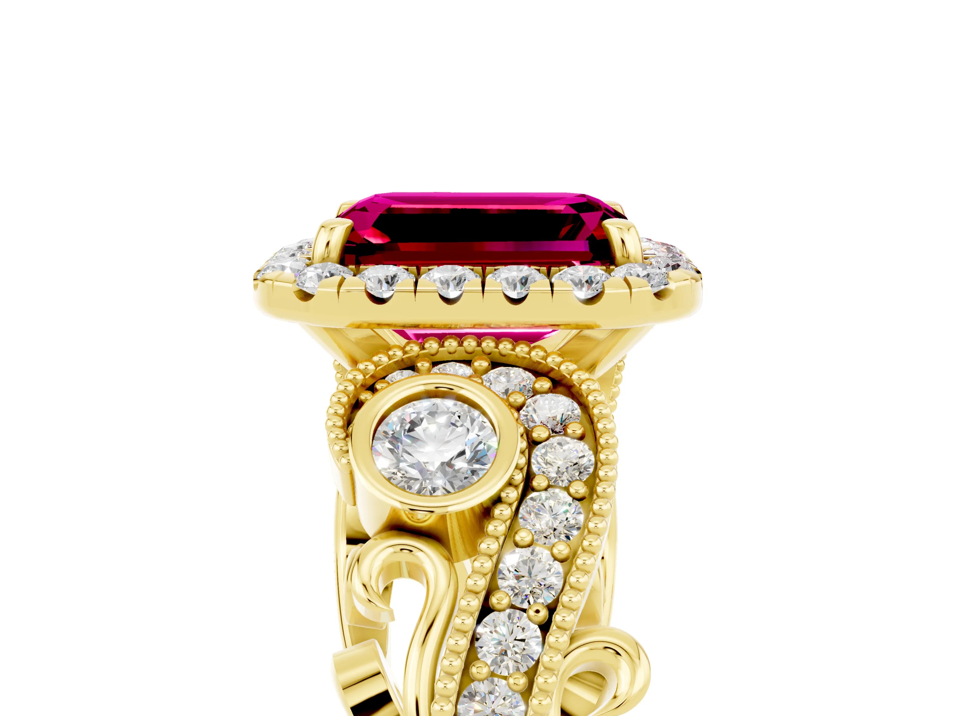 Yellow gold Emerald Cut Garnet Halo Ring with Milgrain Pavé Band and Four-Prong Setting_17