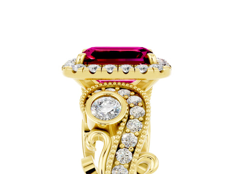 Yellow gold Emerald Cut Garnet Halo Ring with Milgrain Pavé Band and Four-Prong Setting_17