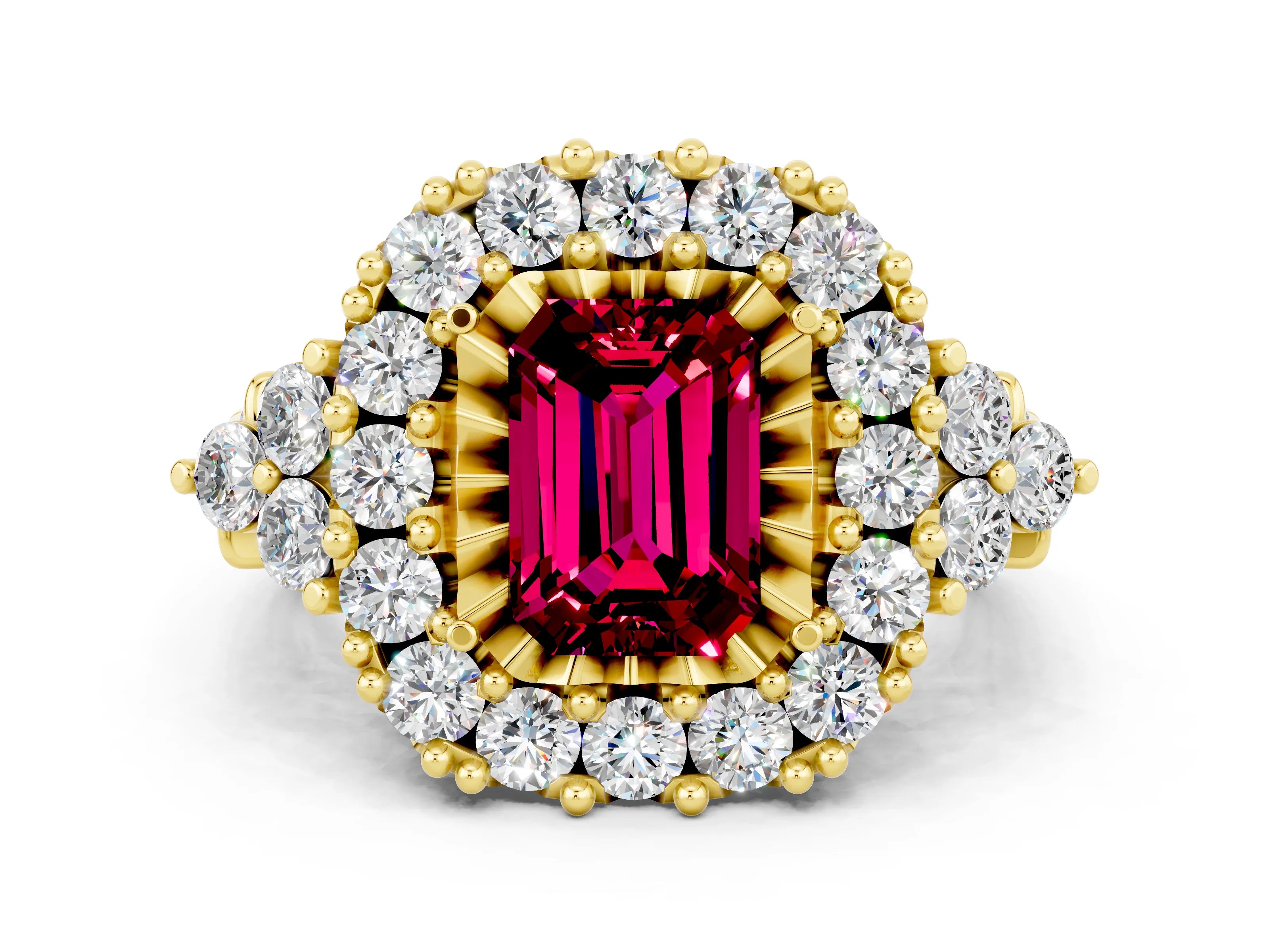 Yellow gold Emerald Cut Garnet Halo Ring with Pavé Band and Four-Prong Setting_12