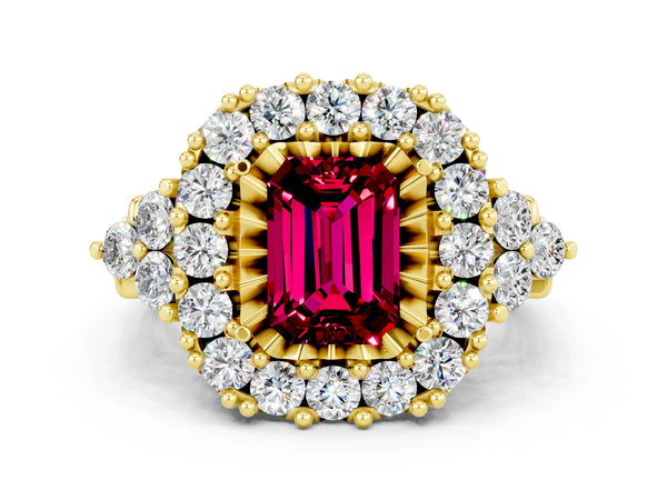 Yellow gold Emerald Cut Garnet Halo Ring with Pavé Band and Four-Prong Setting