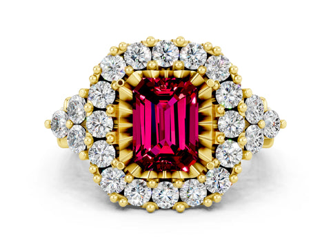 Yellow gold Emerald Cut Garnet Halo Ring with Pavé Band and Four-Prong Setting_12
