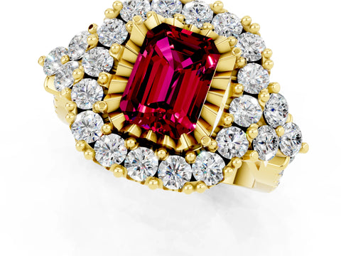 Yellow gold Emerald Cut Garnet Halo Ring with Pavé Band and Four-Prong Setting_13