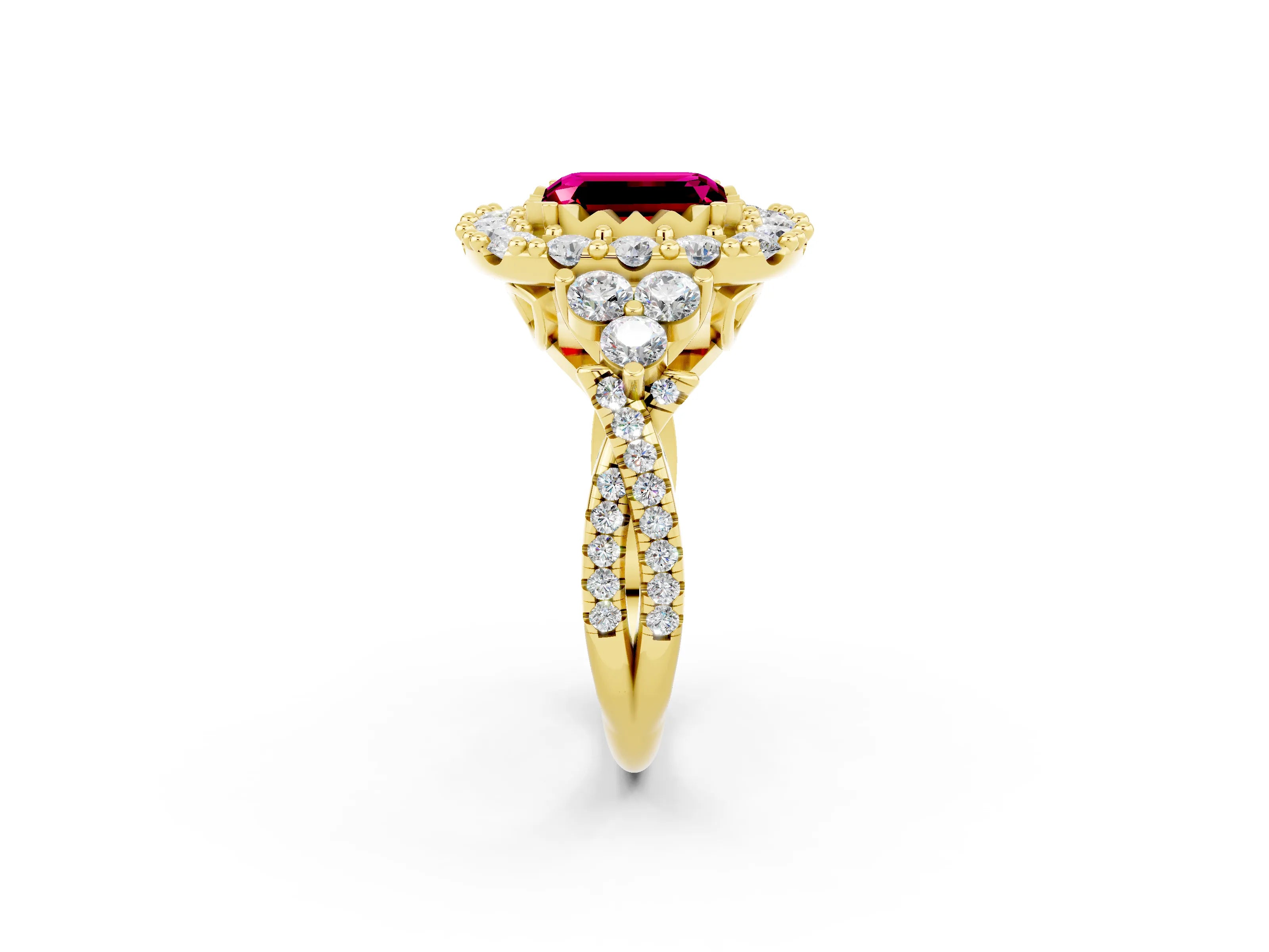 Yellow gold Emerald Cut Garnet Halo Ring with Pavé Band and Four-Prong Setting_14