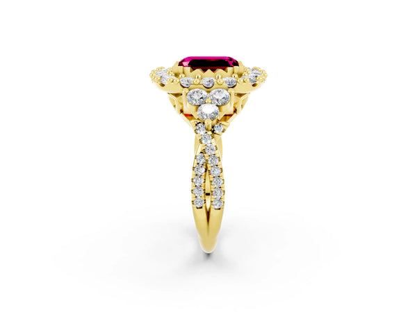 Yellow gold Emerald Cut Garnet Halo Ring with Pavé Band and Four-Prong Setting