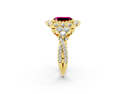Yellow gold Emerald Cut Garnet Halo Ring with Pavé Band and Four-Prong Setting_14