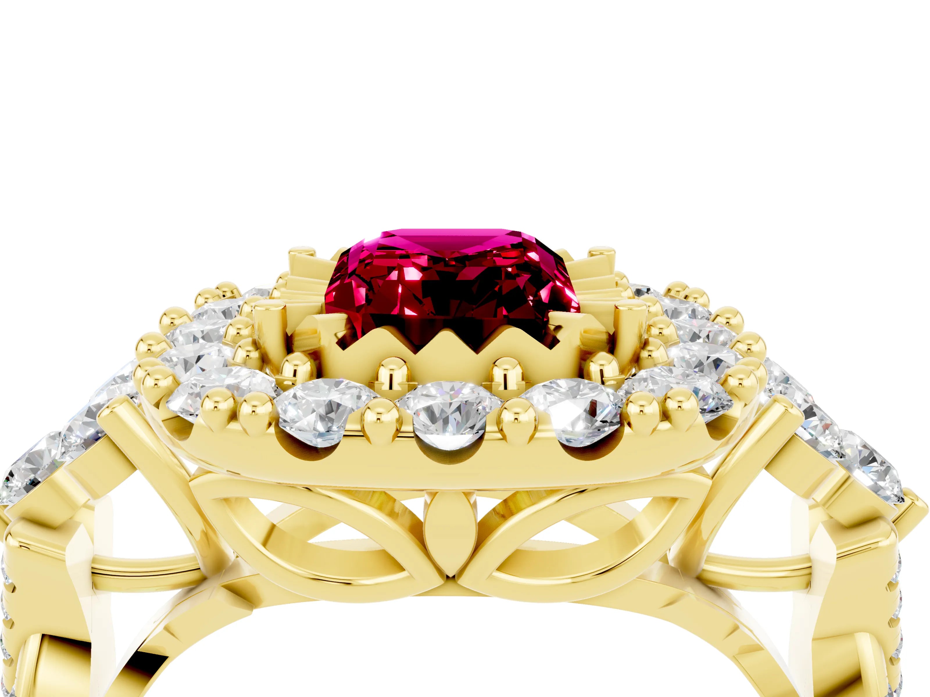 Yellow gold Emerald Cut Garnet Halo Ring with Pavé Band and Four-Prong Setting_16