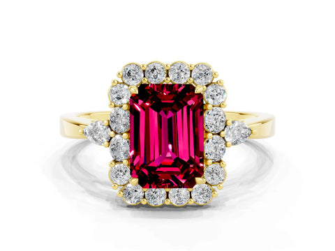 Yellow gold Emerald Cut Garnet Halo Ring with Pear Side Stones and Prong Setting_12