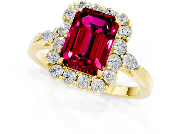 Yellow gold Emerald Cut Garnet Halo Ring with Pear Side Stones and Prong Setting