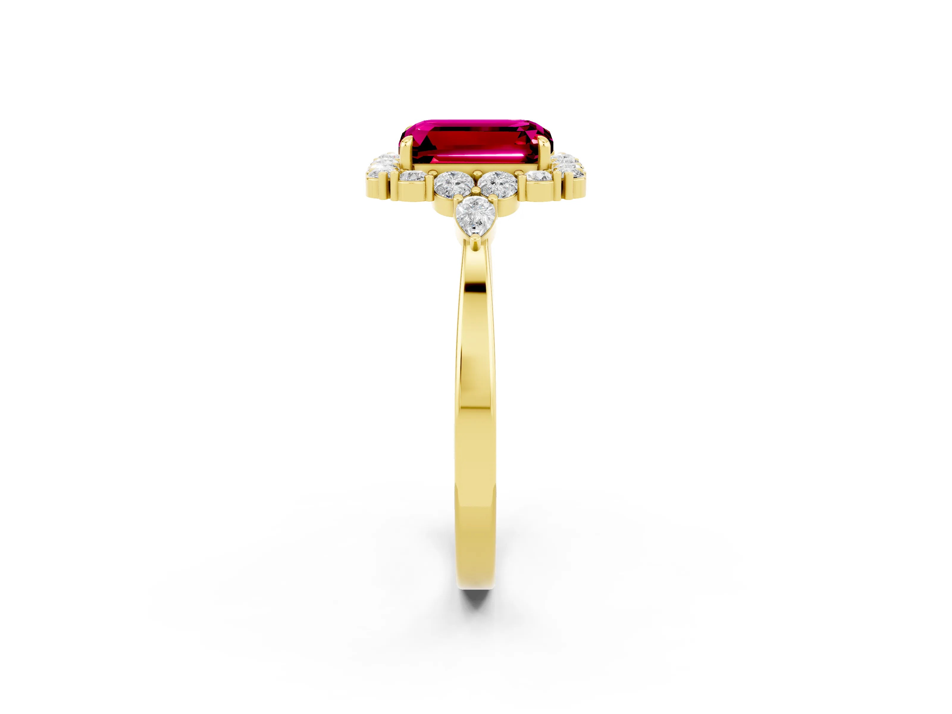 Yellow gold Emerald Cut Garnet Halo Ring with Pear Side Stones and Prong Setting_14