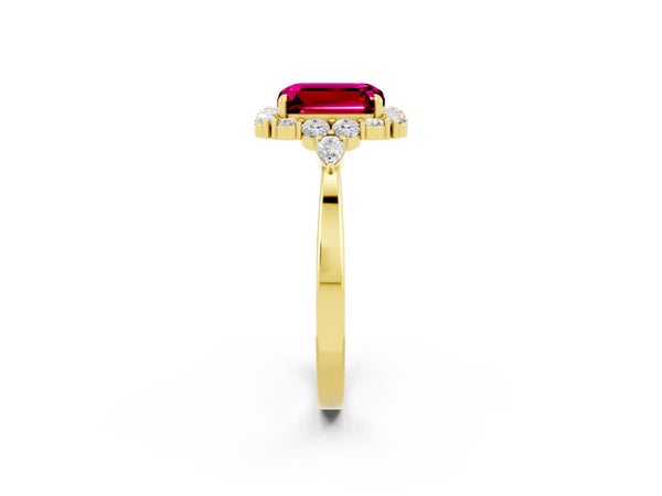 Yellow gold Emerald Cut Garnet Halo Ring with Pear Side Stones and Prong Setting