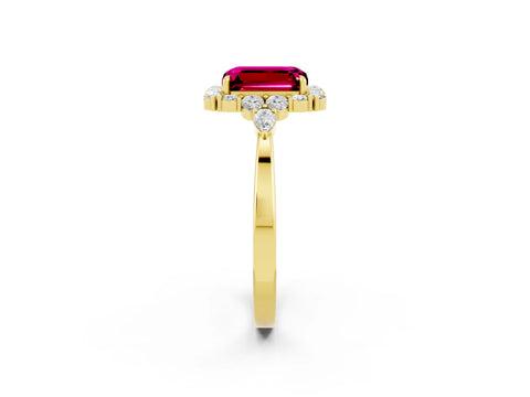 Yellow gold Emerald Cut Garnet Halo Ring with Pear Side Stones and Prong Setting_14