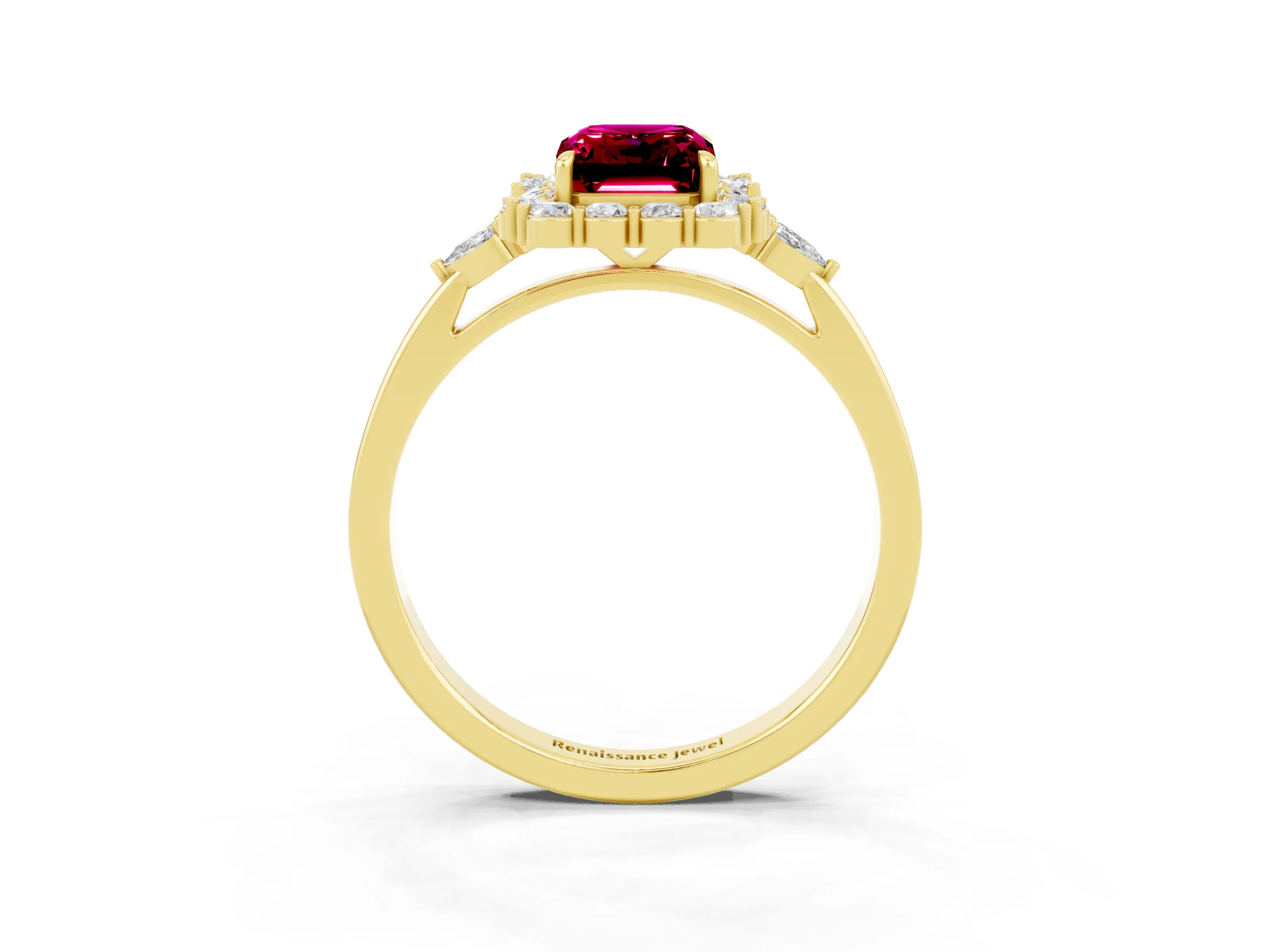 Yellow gold Emerald Cut Garnet Halo Ring with Pear Side Stones and Prong Setting_15