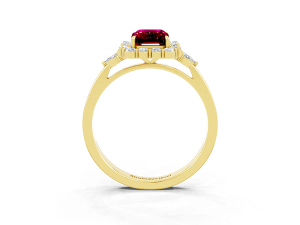 Yellow gold Emerald Cut Garnet Halo Ring with Pear Side Stones and Prong Setting