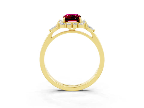 Yellow gold Emerald Cut Garnet Halo Ring with Pear Side Stones and Prong Setting_15