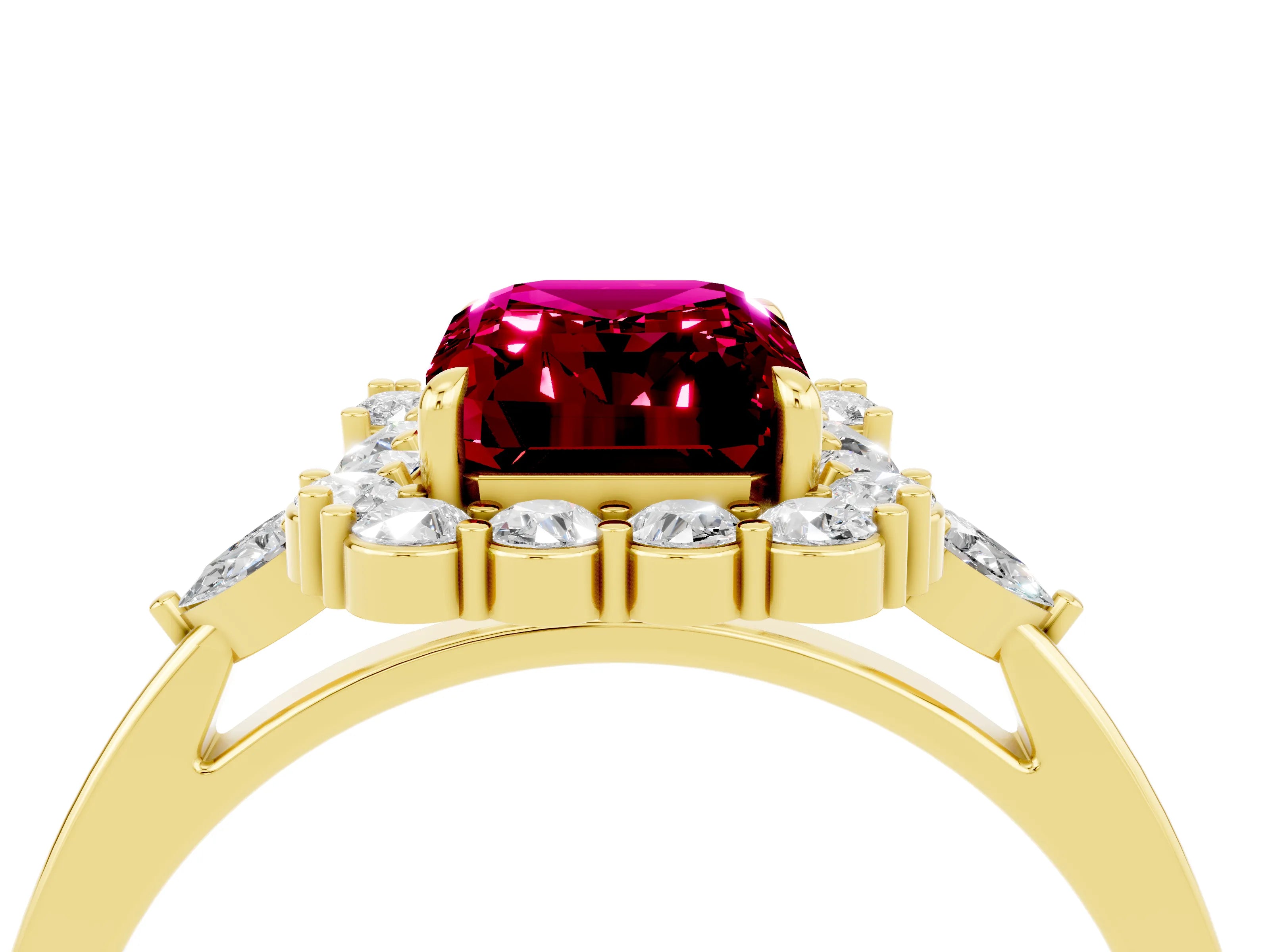 Yellow gold Emerald Cut Garnet Halo Ring with Pear Side Stones and Prong Setting_16
