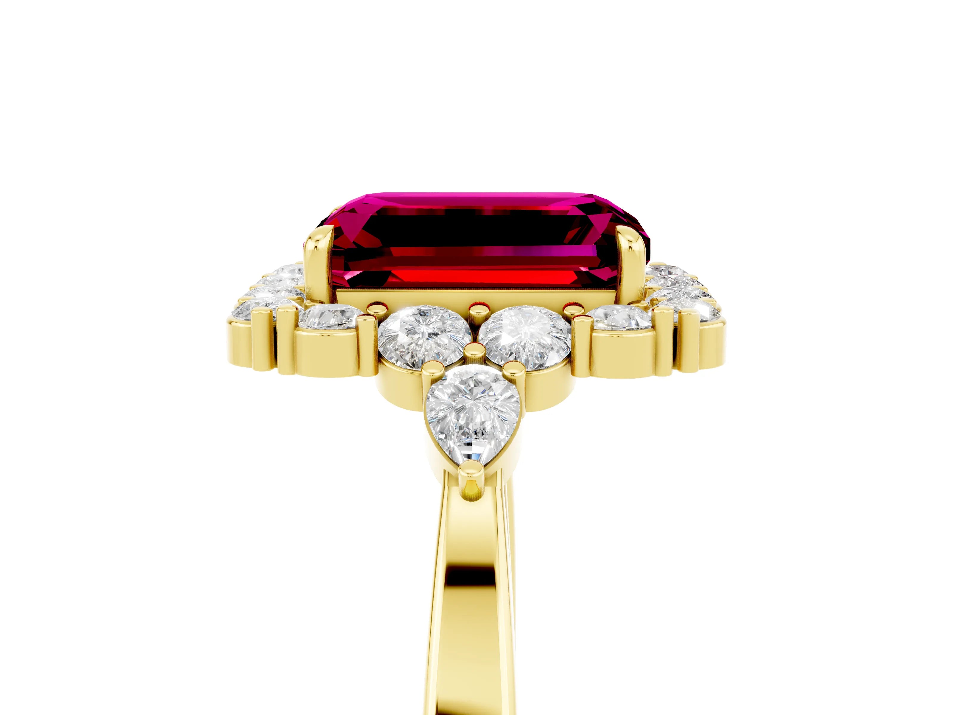 Yellow gold Emerald Cut Garnet Halo Ring with Pear Side Stones and Prong Setting_17