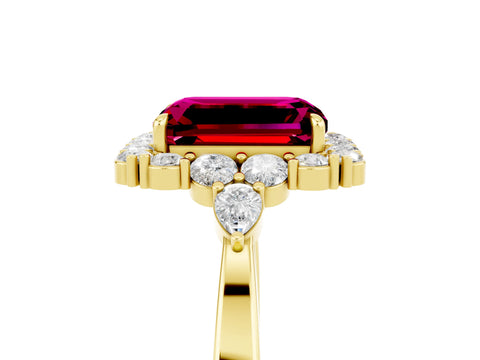 Yellow gold Emerald Cut Garnet Halo Ring with Pear Side Stones and Prong Setting_17