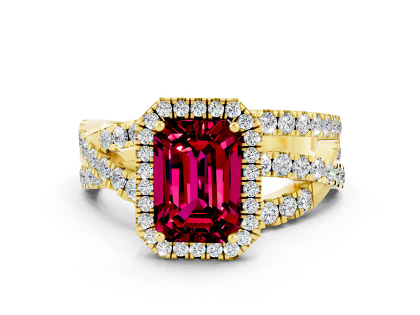 Yellow gold Emerald Cut Garnet Halo Ring with Round Split Shank and Prong Setting