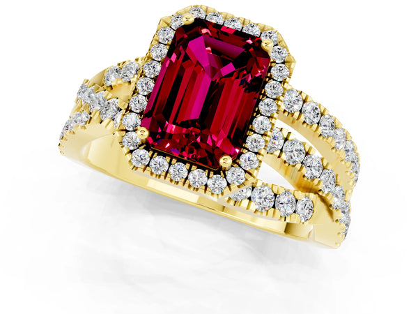 Yellow gold Emerald Cut Garnet Halo Ring with Round Split Shank and Prong Setting