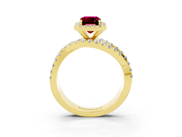 Yellow gold Emerald Cut Garnet Halo Ring with Round Split Shank and Prong Setting